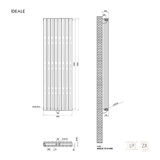 Радіатор дизайнерський Ideale Adele 12 8/1500/472 чорний, Чорний - фото 3