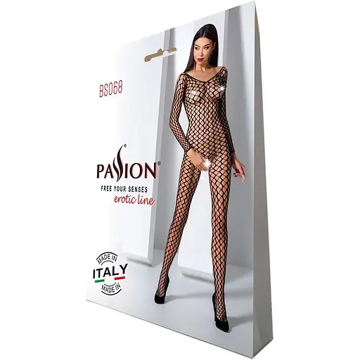 Бодістокінг Passion BS068 Black, комбінезон, велика сітка, довгий рукав - фото 7