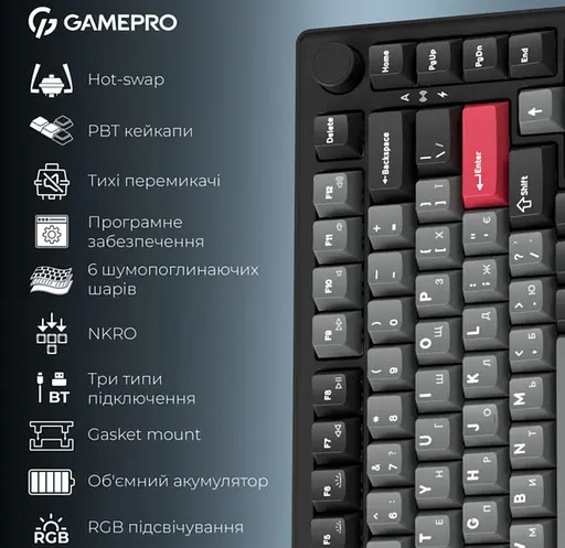 Клавіатура ігрова механічна GamePro MK-266-BK Asgard Yord Keychron Super Red Switch Bluetooth 5.2/2.4 ГГц/USB Black - фото 5