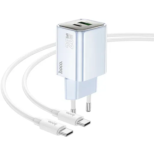 МЗП Hoco N46 Glorious PD20W+QC3.0 (1USB-A/1C) + кабель Type-C to Type-C Blue - фото 3