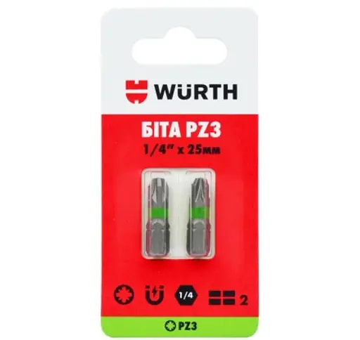 Бита Wurth PZ3 1/4IN L25 мм 2 шт. в блистере (1614176653902) - фото 1