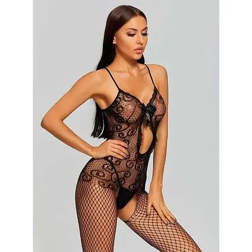 Бодістокінг з прозорою тканиною та відкритим доступом S/M Чорний K000473