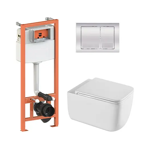 Подвесной унитаз Qtap Gemini Ultra Quiet + инсталляция Qtap Nest 4 в 1 (квадратная клавиша Chrome), Белый - фото 1