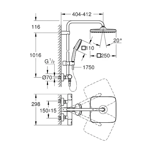 Душова система термостатична Grohe QuickFix Vitalio Comfort System 250 Cube 266962431, Чорний матовий - фото 2