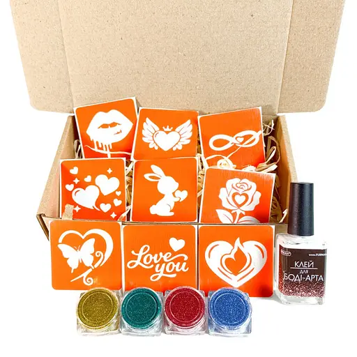 Набор для био-тату "Love Story #2 - глиттер" Fresh Tattoo set-love-story-2-glitter 9 трафаретов - фото 1