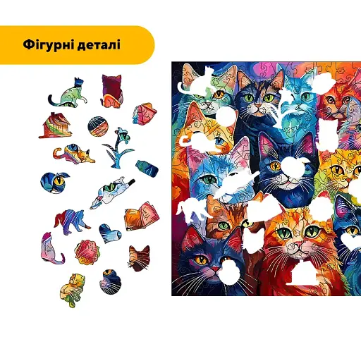 Деревянный фигурный пазл Колоритные Котики, А2, Деревянная коробка 300+ элементов - фото 3