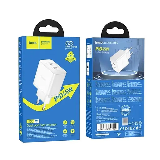 Сетевое зарядное устройство Hoco N35 2 выхода Type-C PD 45 W белый - фото 3