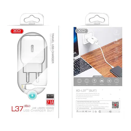 Комплект зарядний адаптер блок і кабель XO L37 для iPhone USB Lightning 1m білий - фото 2