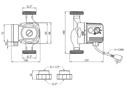 Циркуляционный насос Pumpman GRS32/60/180 Нmax 6 м Qmax 3.3 м³ 93 Вт с гайками (CV029799) - фото 5