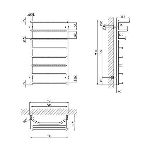 Полотенцесушитель водяной Kroner Каскад трапеция ДКТ07 900x530/8 CV018544, Хром, нижнее - фото 2