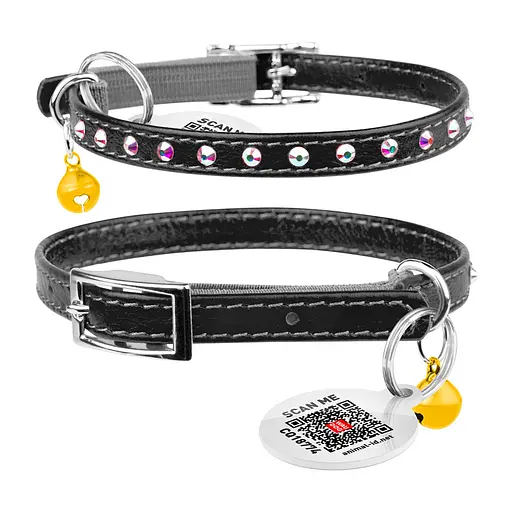 Ошейник Waudog Glamour с резинкой клеевыми стразами для кошек (ширина 9мм длина 22-30см) черный