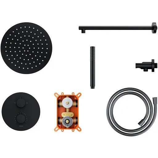 Душова система прихованого монтажу Corsan Lugo black + BOX з термостатом Z03TBL, Чорний матовий - фото 1