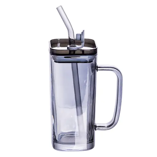 Кружка скляна з кришкою та трубочкою 280 (мл) Yiwu HP-19-53