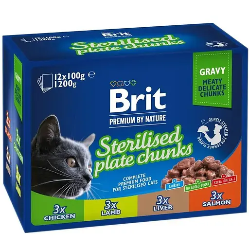 Уцінка. Вологий корм для стерилізованих кішок Brit Premium Cat Pouch Сімейна тарілка асорті 4 смаки 1.2 кг (12 шт. х 100 г) 