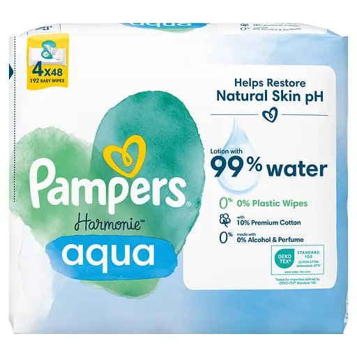 Уцінка. Набір дитячі вологі серветки Pampers Harmonie Aqua 192 шт. (4 уп. по 48 шт.)