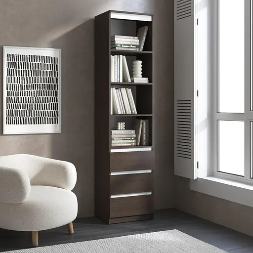 Пенал для книг Vays R-25 Венге Темный-Белые планки, с открытыми полками и ящиками, без ручек, ЛДСП, 50×40×211 см - для гостиной, спальни