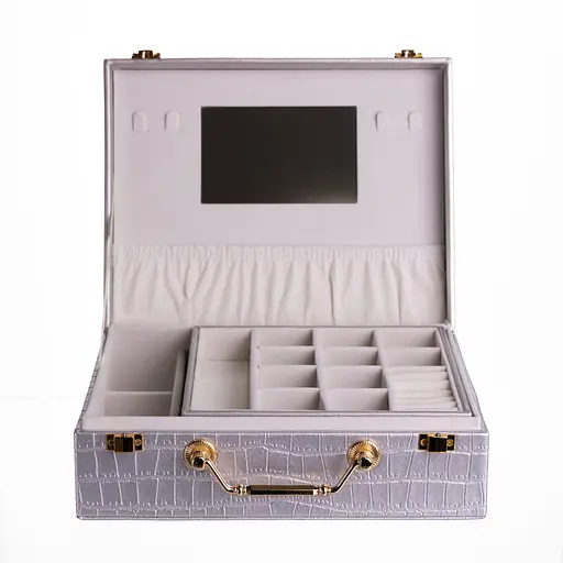 Скринька для прикрас з екошкіри 19 відділень із дзеркалом 23.5×14×8 см органайзер для прикрас Сірий Yiwu HP-5-20G - фото 7