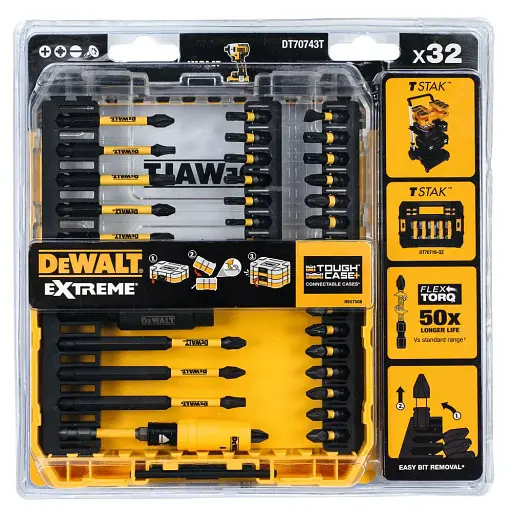 Набір біт і насадок DeWalt Extreme Flextorq Phillips Pozidriv Torx, Slotted, Ph2, Pz1, Pz2, Pz3, T15, T20, T25, T30, SL6, L=25, 57, 85 мм, 32 шт. кейс (DT70743T) - фото 3