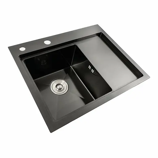 Кухонная мойка черная PVD 58x48 L Platinum Handmade (два отверстия, круглый сифон 3,0/0,8), Черный - фото 2