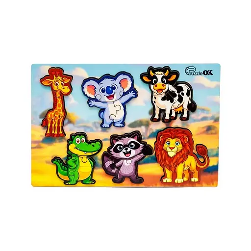 Деревянный пазл-вкладыш "Умный мир: Дикие животные" PuzzleOK Puz-88750 А5, 18 элементов - фото 1
