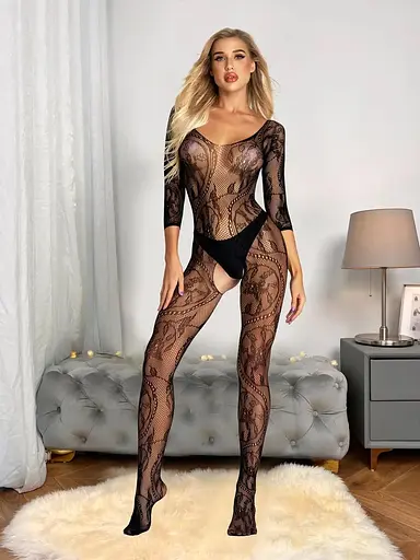 Прозорий бодістокінг чорний з довгим рукавом для рольових ігор S/M/L - фото 1