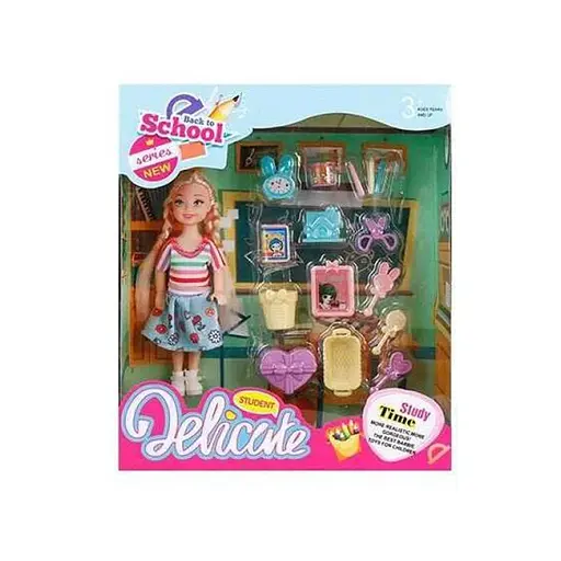 Кукла Школа, 14 см, будильник, ножницы, карандаши, стаканчики, корзина (в ассортименте)