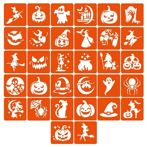 Набор трафаретов для био-тату "Хэллоуин №3" Fresh Tattoo hallowween-3-32, 32 трафарета 6х6 см - фото 1