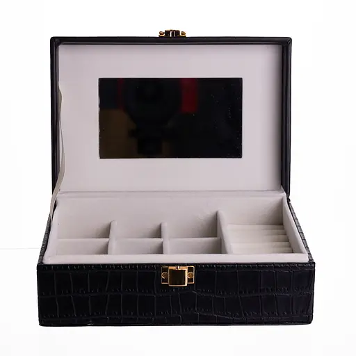 Скринька для прикрас з еко шкіри 10 відділень з дзеркалом 20×14×8 см органайзер для прикрас Чорний Yiwu HP-5-19B - фото 1