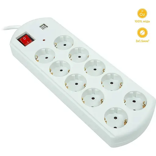 Сетевой фильтр PowerPlant 10м, 3x1.5мм2, 10А, 10 розеток, 2xUSB, евро, 100% медь (YS-N6065/10)