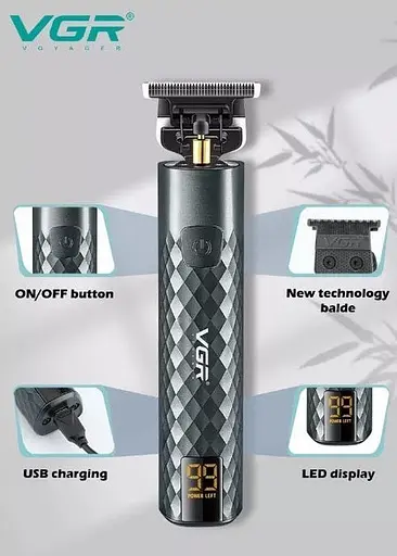 Бездротовий акумуляторний триммер роторна машинка для стрижки VGR V-077 5Вт змінні насадки Чорний - фото 2