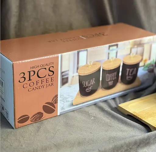 Набор банок 3 шт с крышками и бамбуковым подносом для хранения сыпучих 300 мл Белый - фото 6