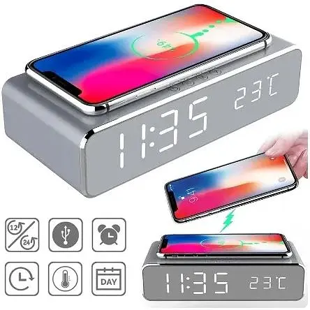 Беспроводная зарядка с LED часами TWS Fast wireless charger&clock 10W Серая - фото 2