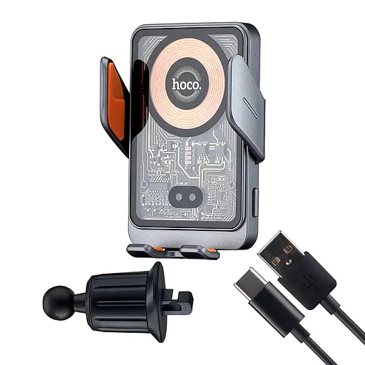 Холдер Hoco HW7 Transparent Discovery Edition wireless fast charg car holder air outle Темно-серый - фото 3
