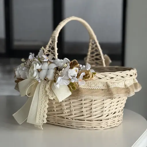 Пасхальная корзина 38х28см hand-made MIS LT бежевая с бежевым декором большая - фото 3