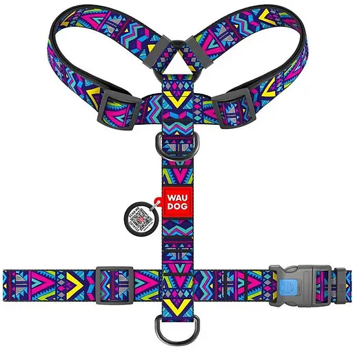 Шлейка для собак Waudog Nylon анатомическая H-образная с QR-паспортом, рисунок "Инди", пластиковый фастекс, XL - фото 2