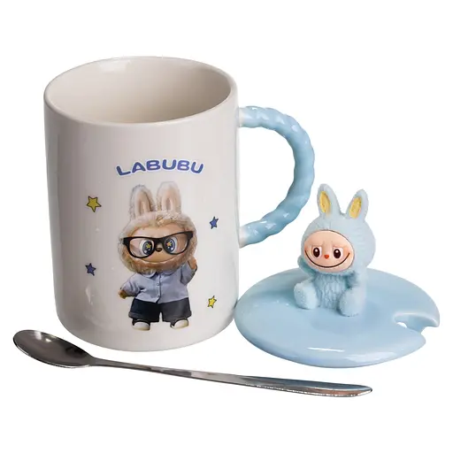 Чашка порцелянова Yiwu Labubu 300 мл з кришкою і ложкою блакитний Yiwu FM-35B - фото 3