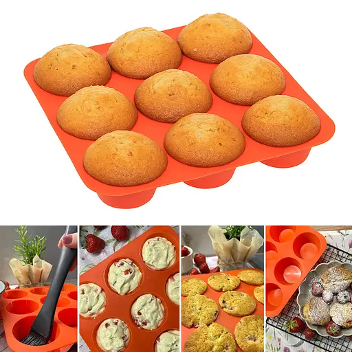 Форма силіконова на планшеті для випікання кексів та маффінів на 9 комірок 24.5х24.5х3.5 см, Profsil Помаранчевий 87151 - фото 1