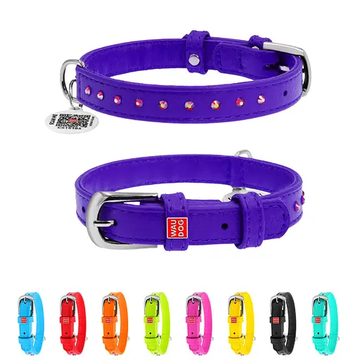 Ошейник для собак кожаный Waudog Glamour с QR-паспортом с клеевыми стразами Ш 15 мм Д 27-36 см фиолетовый - фото 2