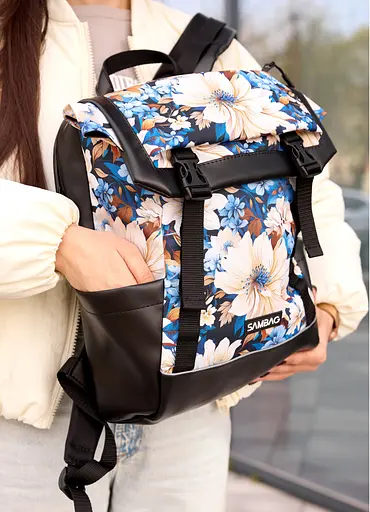 Женский рюкзак Sambag Aura черный с принтом "blue flowers" 39 х 29 х 13 см (24551722) - фото 3