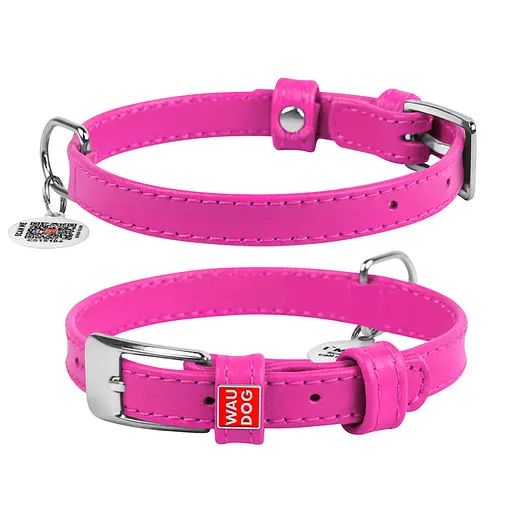 Ошейник для собак кожаный Waudog Glamour с QR-паспортом без украшений S Ш 15 мм Д 27-36 см розовый