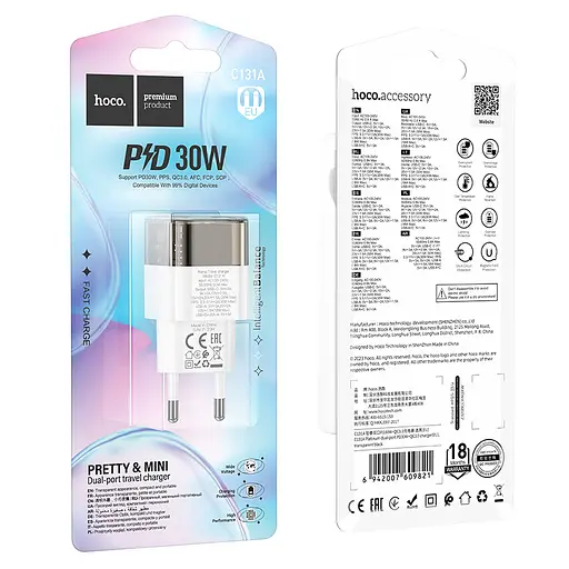 Сетевое зарядное устройство для компьютера Hoco C131A Platinum dual-port PD30W+QC3.0 charger(EU) Transparent Черный - фото 2