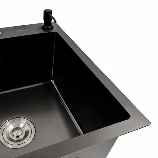 Кухонная мойка CM 65x50 R PVD черная Platinum Handmade (круглый сифон 3.0/0.8), Черный - фото 5