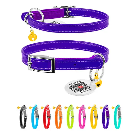 Ошейник для кошек кожаный Waudog Glamour с QR-паспортом без украшений XXS Ш 9 мм Д 17-20 см фиолетовый - фото 2