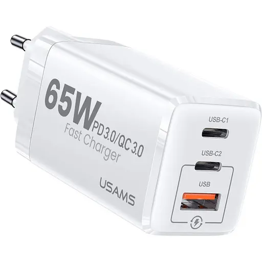Зарядное устройство на 3 выхода USB Usams GaN Mini US-CC110 65 W 5a (CC110TC02) A + 2*C белое - фото 1