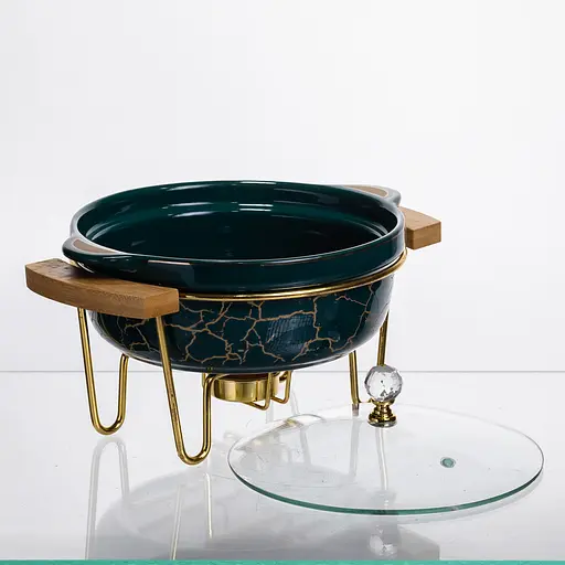 Мармит фарфоровый настольный круглый 800 (мл) мармитница с подогревом Зеленый мрамор Yiwu LC-713 - фото 5