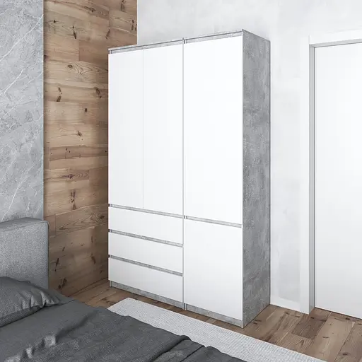 Шкаф для одежды Vays в спальню с 3 шухлядами, штангой и полками, без ручек R9+R22 Бетон-Белый фасад