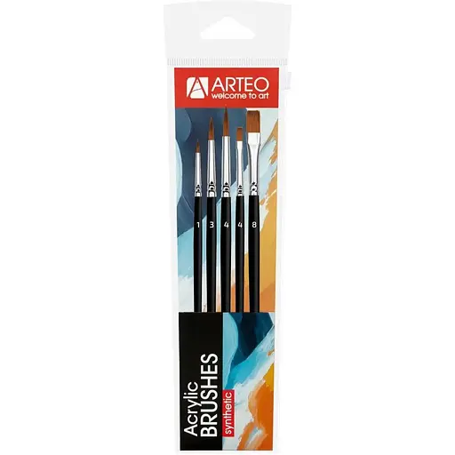 Набір пензлів №4 синтетика 5 шт кругла (№1,3,4) плоска (№ 4,8) коротка ручка Arteo