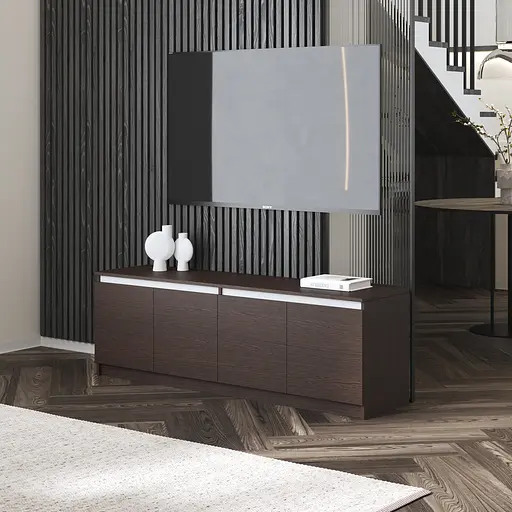 Тумба під телевізор Vays у вітальню, сучасна з полицями, без ручок R-31 Венге Темний-Білі планки