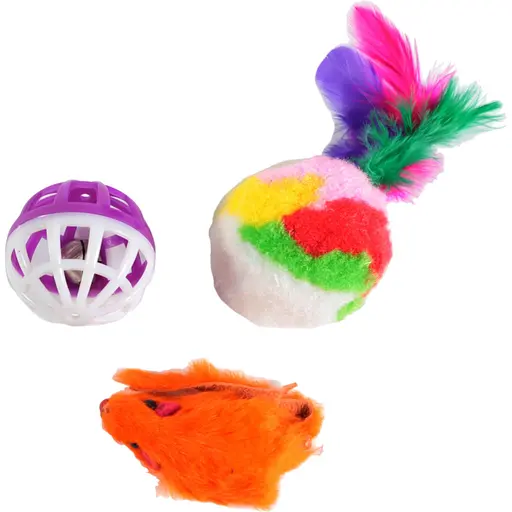 Набір іграшок для котів Fox мишка, хутряна куля з пером та куля-брязкальце  - фото 1