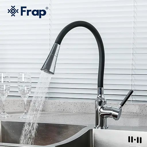 Змішувач для кухні Frap F4044 з гнучким виливом 2 режими чорний/хром Чорний матовий - фото 3